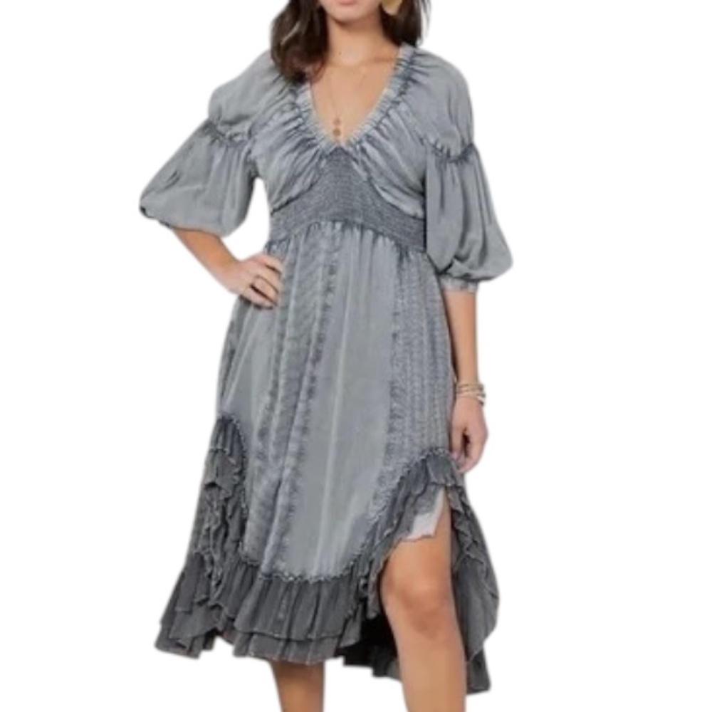 Smocked V-Neck Puff Sleeve Midi Dress in Gray